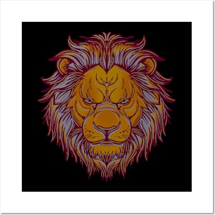 Orange lion head with grey and red highlights Posters and Art